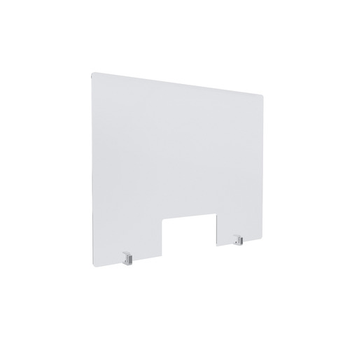 Clear Acrylic Sneeze Guard 30'' Wide x 23-1/2'' Tall (10'' x 5'' Cut Out), with (2) Clear Anodized Aluminum Front Gripping Counter Clamps (Clamp Material Accepted 1'' to 1-1/8'')