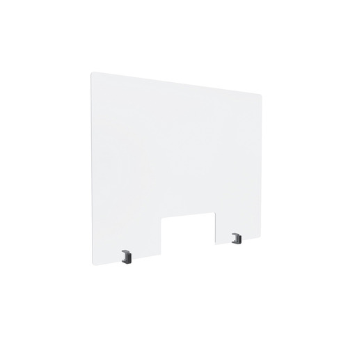 Clear Acrylic Sneeze Guard 30'' Wide x 23-1/2'' Tall (10'' x 5'' Cut Out), with (2) Black Anodized Aluminum Front Gripping Counter Clamps (Clamp Material Accepted 1'' to 1-1/8'')