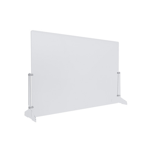 Clear Acrylic Sneeze Guard 35'' Wide x 23-1/2'' Tall, with (2) 7'' Wide x 12-5/16'' Deep Feet on the Side, and (4) Aluminum Clear Anodized Forks / Standoffs.