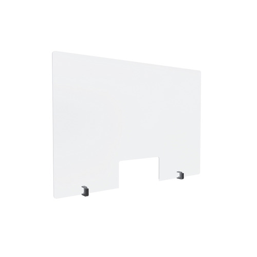 Clear Acrylic Sneeze Guard 35'' Wide x 23-1/2'' Tall (10'' x 5'' Cut Out), with (2) Black Anodized Aluminum Front Gripping Counter Clamps (Clamp Material Accepted 1'' to 1-1/8'')
