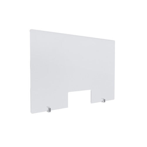Clear Acrylic Sneeze Guard 23-1/2'' Wide x 35'' Tall (10'' x 5'' Cut Out), with (2) Clear Anodized Aluminum Front Gripping Counter Clamps (Clamp Material Accepted 1-1/2'' to 1-5/8'')