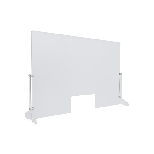 Clear Acrylic Sneeze Guard 35'' Wide x 23-1/2'' Tall (10'' x 5'' Cut Out), with (2) 7'' Wide x 12-5/16'' Deep Feet on the Side, and (4) Aluminum Clear Anodized Forks / Standoffs..