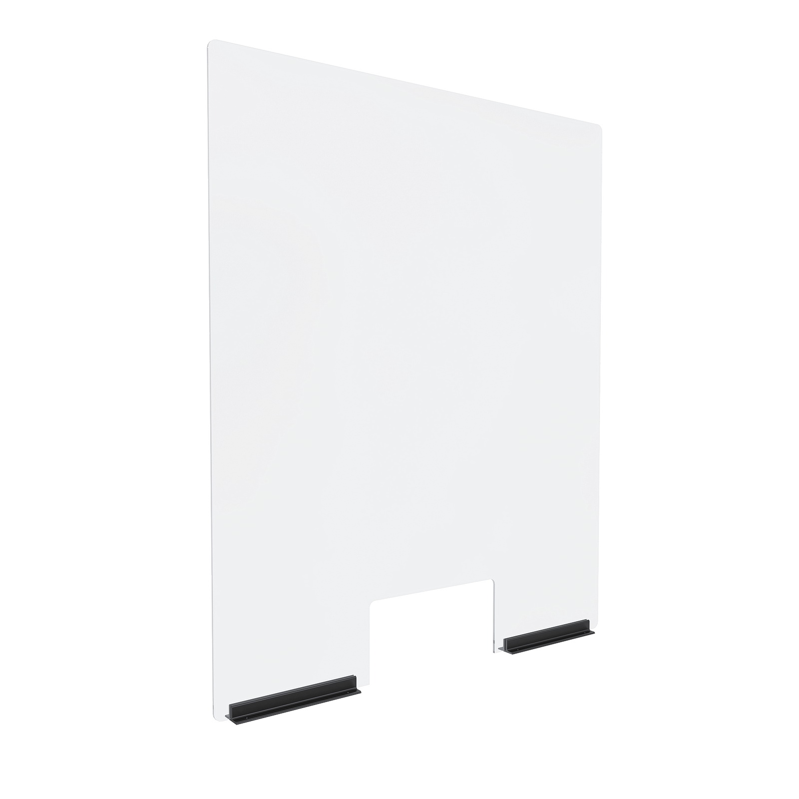 Clear Acrylic Sneeze Guard 30'' Wide x 36'' Tall (10'' x 5'' Cut Out), with (2) 8'' Black Anodized Aluminum Channel Mounts