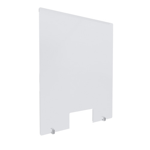 Clear Acrylic Sneeze Guard 30'' Wide x 36'' Tall (10'' x 5'' Cut Out), with (2) Clear Anodized Aluminum Front Gripping Counter Clamps (Clamp Material Accepted 1'' to 1-1/8'')