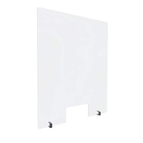Clear Acrylic Sneeze Guard 30'' Wide x 36'' Tall (10'' x 5'' Cut Out), with (2) Black Anodized Aluminum Front Gripping Counter Clamps (Clamp Material Accepted 1'' to 1-1/8'')