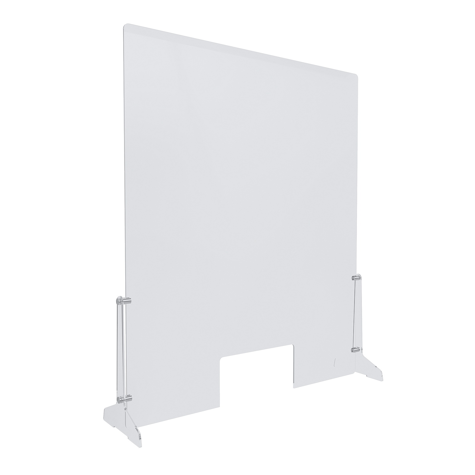 Clear Acrylic Sneeze Guard 30'' Wide x 36'' Tall (10'' x 5'' Cut Out), with (2) 7'' Wide x 12-5/16'' Deep Feet on the Side, and (4) Aluminum Clear Anodized Forks / Standoffs.