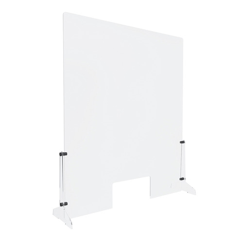 Clear Acrylic Sneeze Guard 30'' Wide x 36'' Tall (10'' x 5'' Cut Out), with (2) 7'' Wide x 12-5/16'' Deep Feet on the Side, and (4) Aluminum Black Anodized Forks / Standoffs.