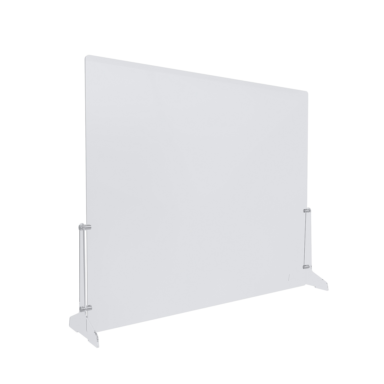 Clear Acrylic Sneeze Guard 36'' Wide x 30'' Tall, with (2) 7'' Wide x 12-5/16'' Deep Feet on the Side, and (4) Aluminum Clear Anodized Forks / Standoffs.