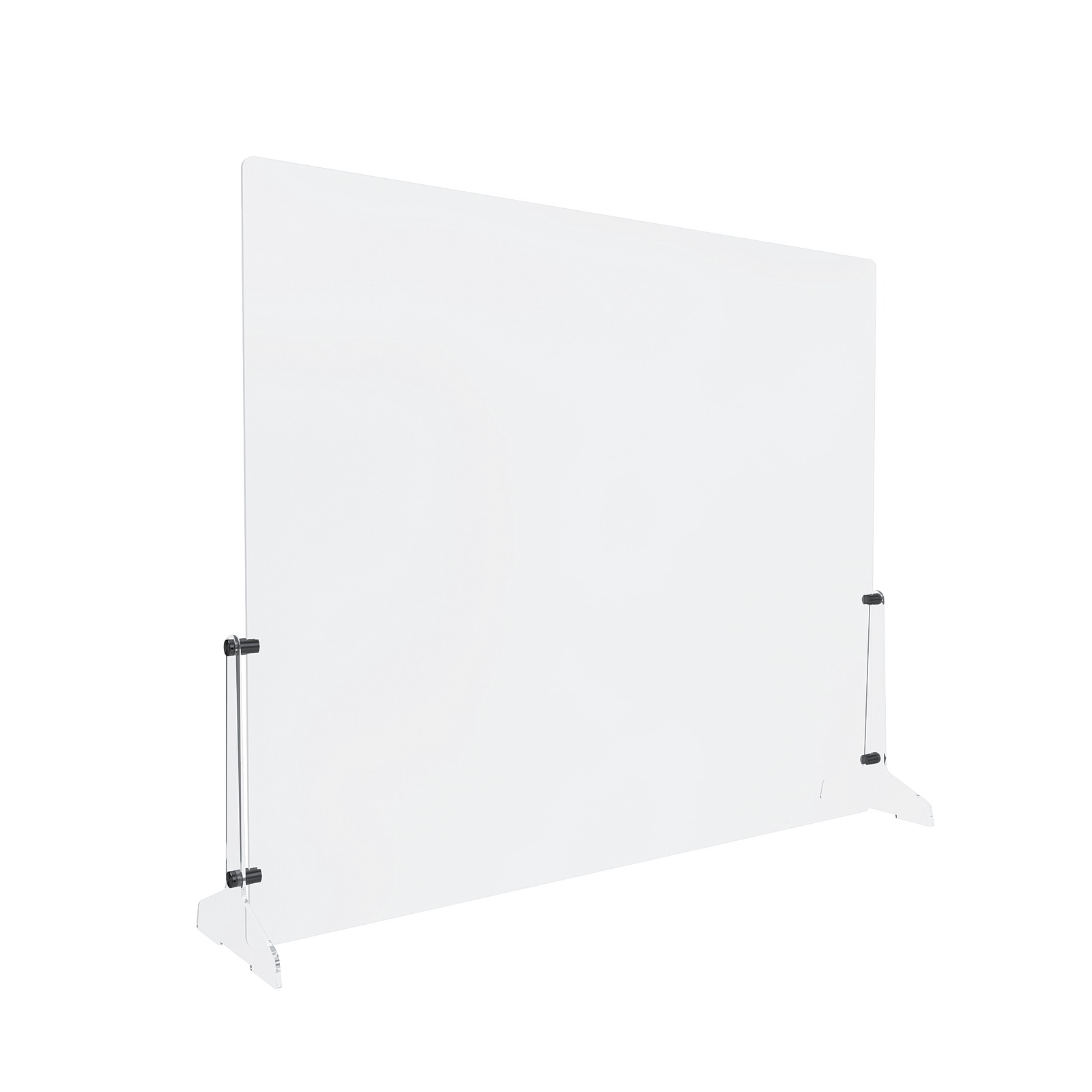 Clear Acrylic Sneeze Guard 36'' Wide x 30'' Tall, with (2) 7'' Wide x 12-5/16'' Deep Feet on the Side, and (4) Aluminum Black Anodized Forks / Standoffs.