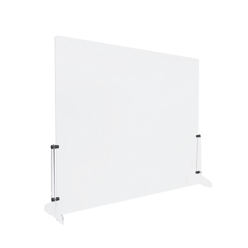 Clear Acrylic Sneeze Guard 36'' Wide x 30'' Tall, with (2) 7'' Wide x 12-5/16'' Deep Feet on the Side, and (4) Aluminum Black Anodized Forks / Standoffs.