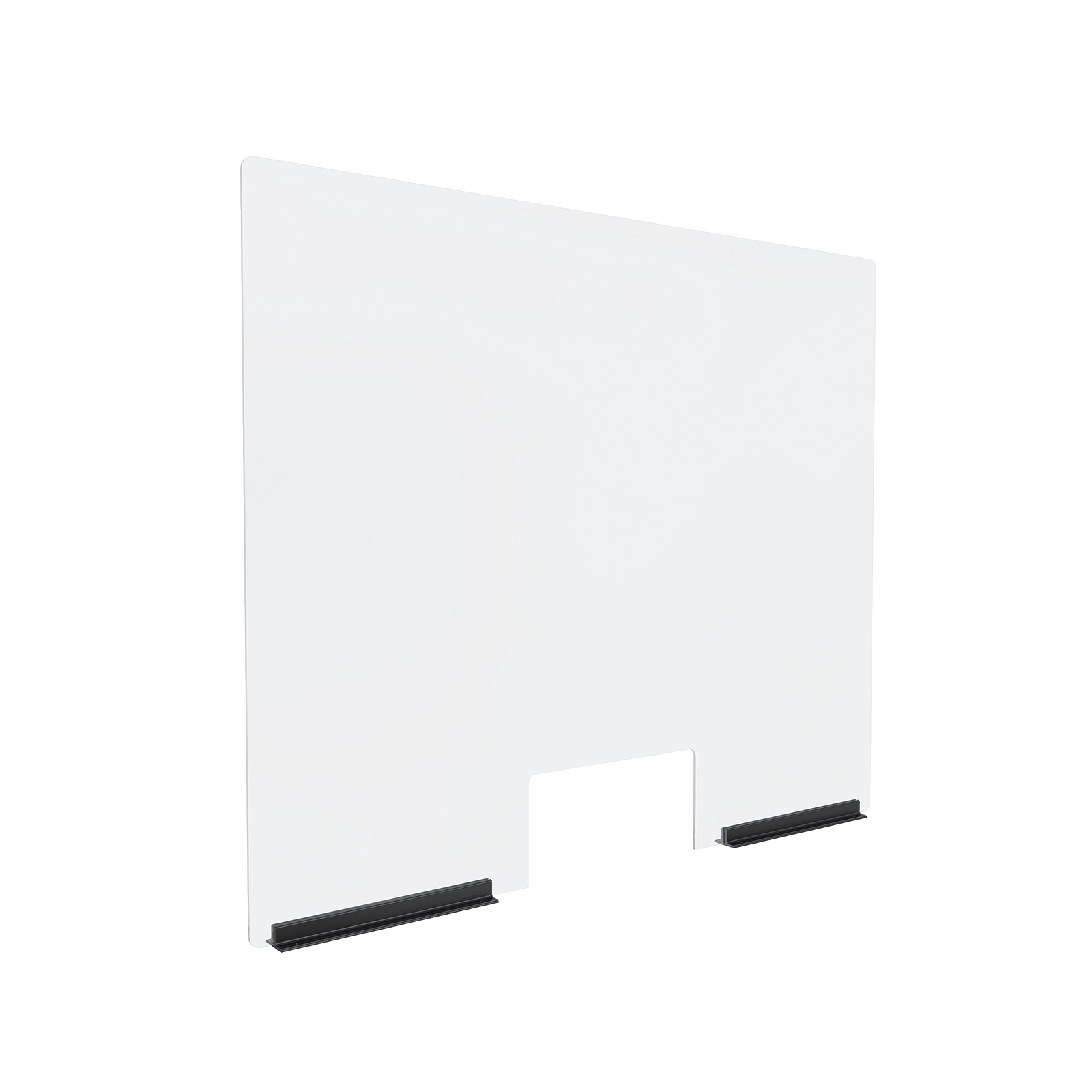 Clear Acrylic Sneeze Guard 36'' Wide x 30'' Tall (10'' x 5'' Cut Out), with (2) 10'' Black Anodized Aluminum Channel Mounts