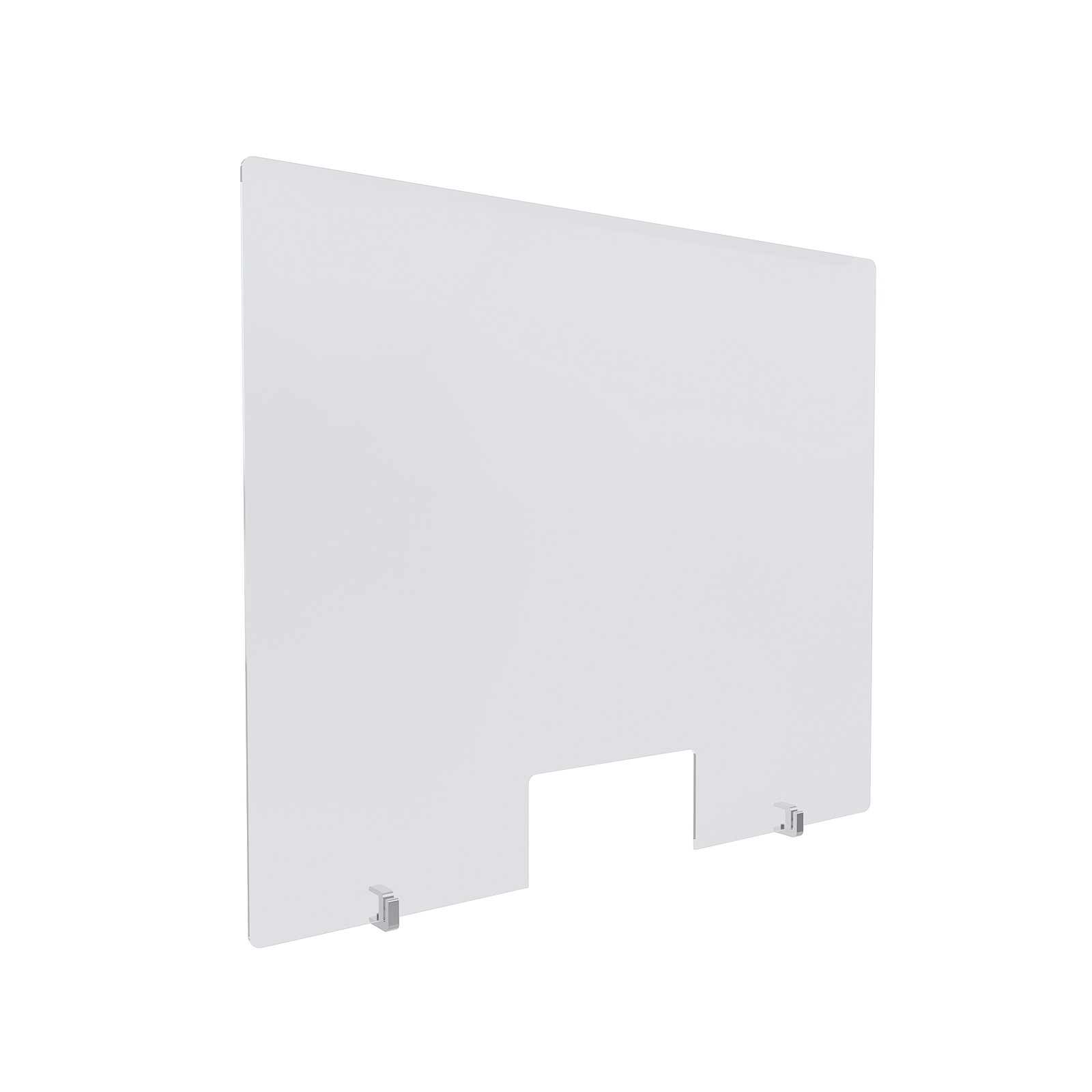 Clear Acrylic Sneeze Guard 36'' Wide x 30'' Tall (10'' x 5'' Cut Out), with (2) Clear Anodized Aluminum Front Gripping Counter Clamps (Clamp Material Accepted  1-1/2'' to 1-5/8'')