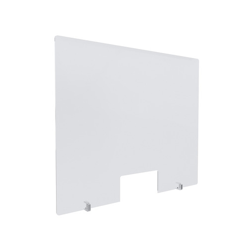 Clear Acrylic Sneeze Guard 36'' Wide x 30'' Tall (10'' x 5'' Cut Out), with (2) Clear Anodized Aluminum Front Gripping Counter Clamps (Clamp Material Accepted 1-1/2'' to 1-5/8'')