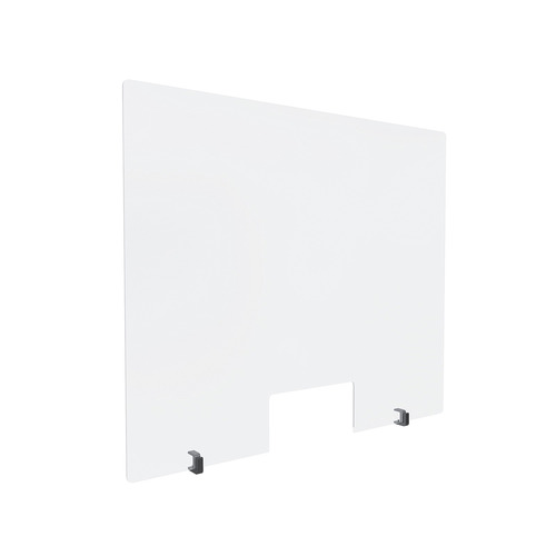 Clear Acrylic Sneeze Guard 36'' Wide x 30'' Tall (10'' x 5'' Cut Out), with (2) Black Anodized Aluminum Front Gripping Counter Clamps (Clamp Material Accepted 1-1/2'' to 1-5/8'')