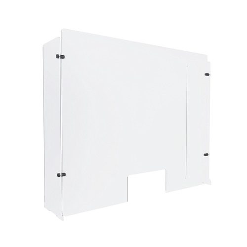 Clear Acrylic Sneeze Guard 36'' Wide x 30'' Tall (10'' x 5'' Cut Out), with (2) 7'' Wide x 28-3/4'' Deep Feet on the Side, and (4) Aluminum Black Anodized Forks / Standoffs.