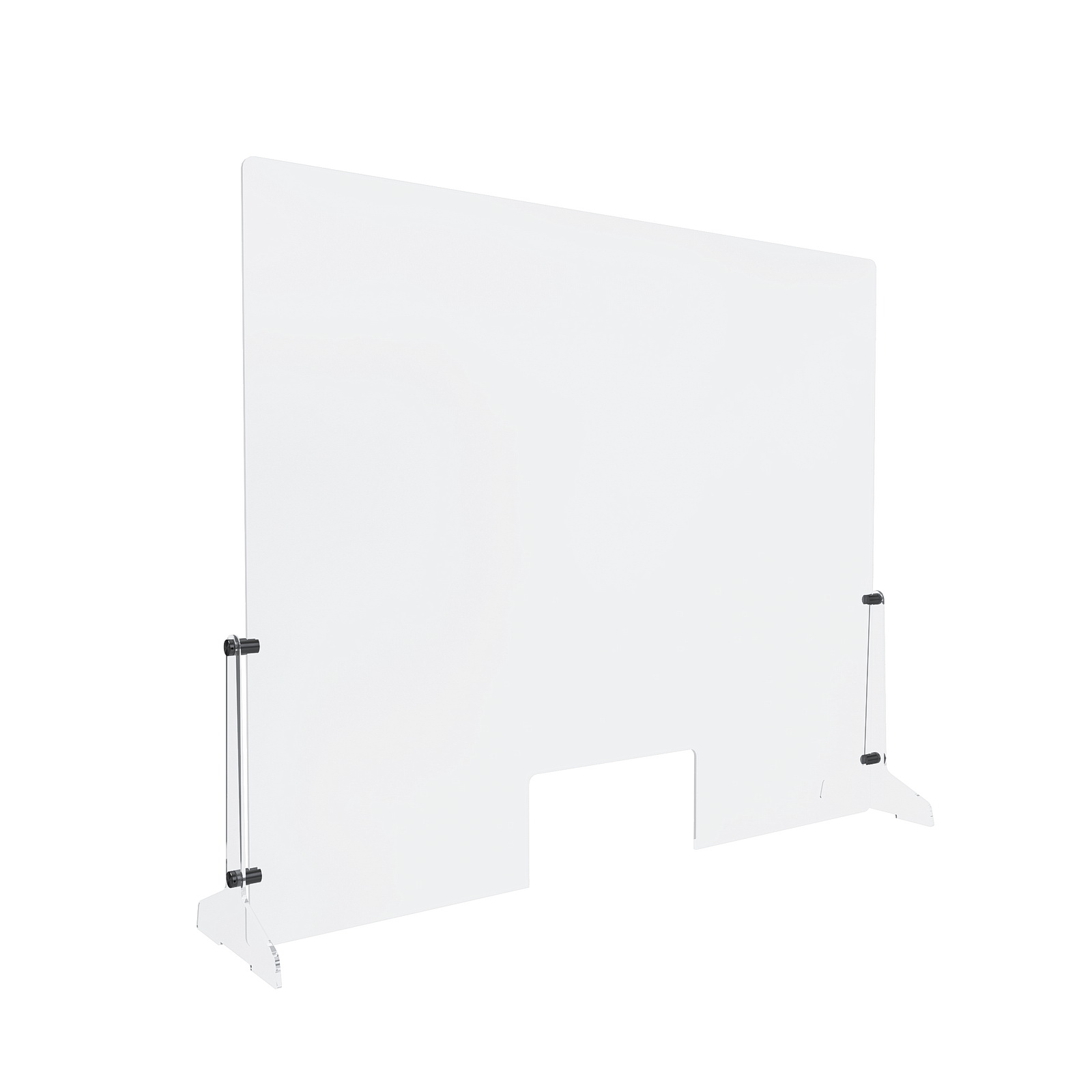Clear Acrylic Sneeze Guard 36'' Wide x 30'' Tall (10'' x 5'' Cut Out), with (2) 7'' Wide x 12-5/16'' Deep Feet on the Side, and (4) Aluminum Black Anodized Forks / Standoffs.