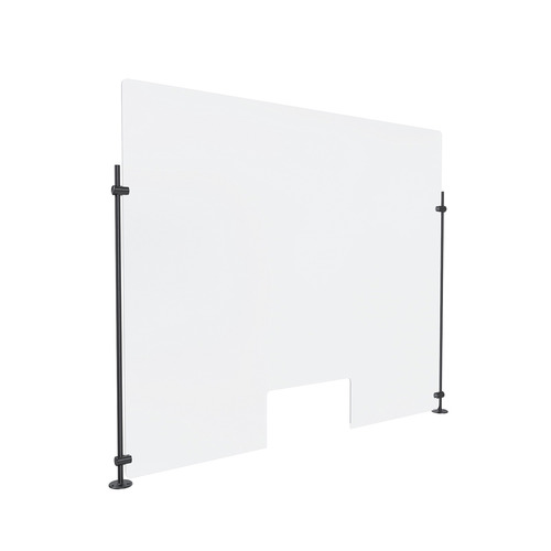 Clear Acrylic Sneeze Guard 36'' Wide x 30'' Tall (10'' x 5'' Cut Out), with (2) 24'' Tall x 3/8'' Diameter Black Anodized Aluminum Rod on the Side.