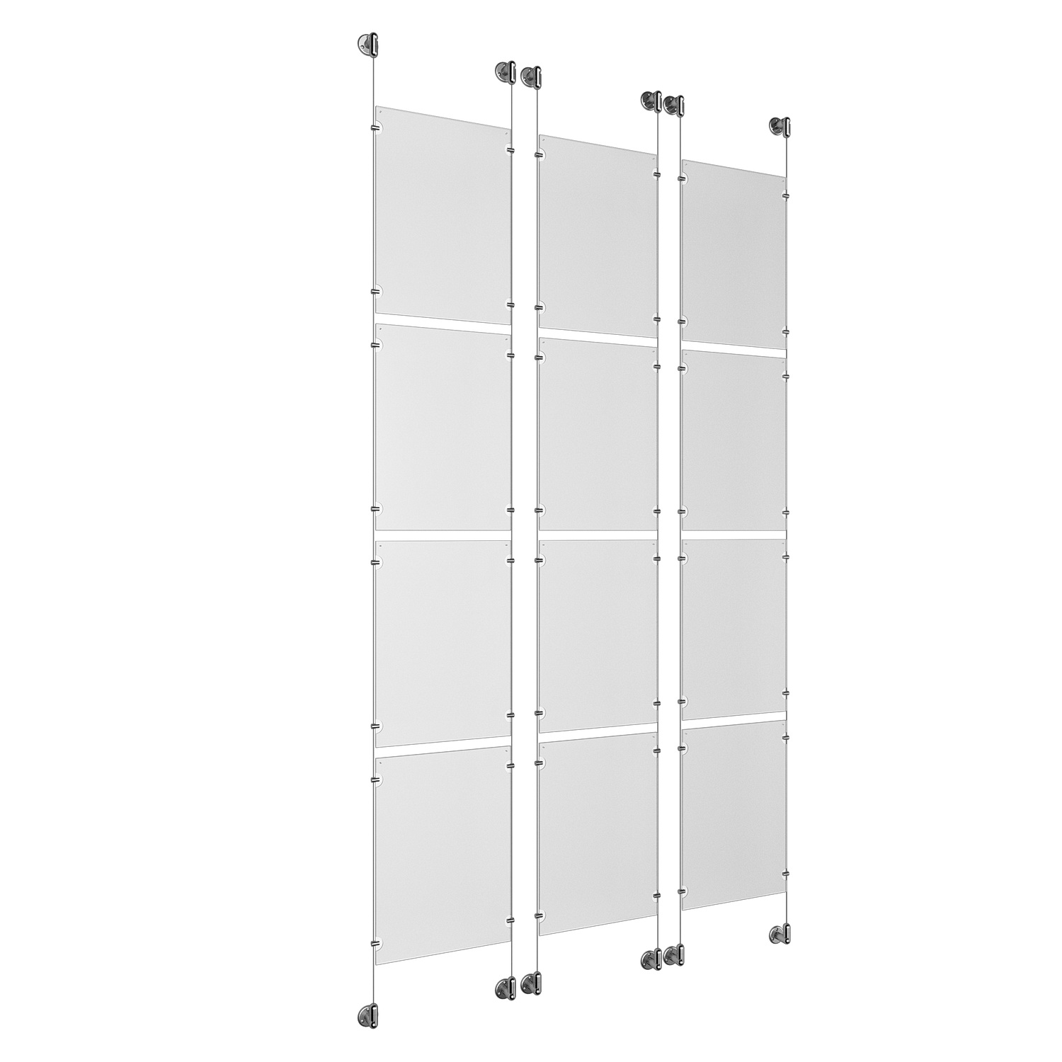 (12) 11'' Width x 17'' Height Clear Acrylic Frame & (6) Aluminum Clear Anodized Adjustable Angle Cable Systems with (48) Single-Sided Panel Grippers
