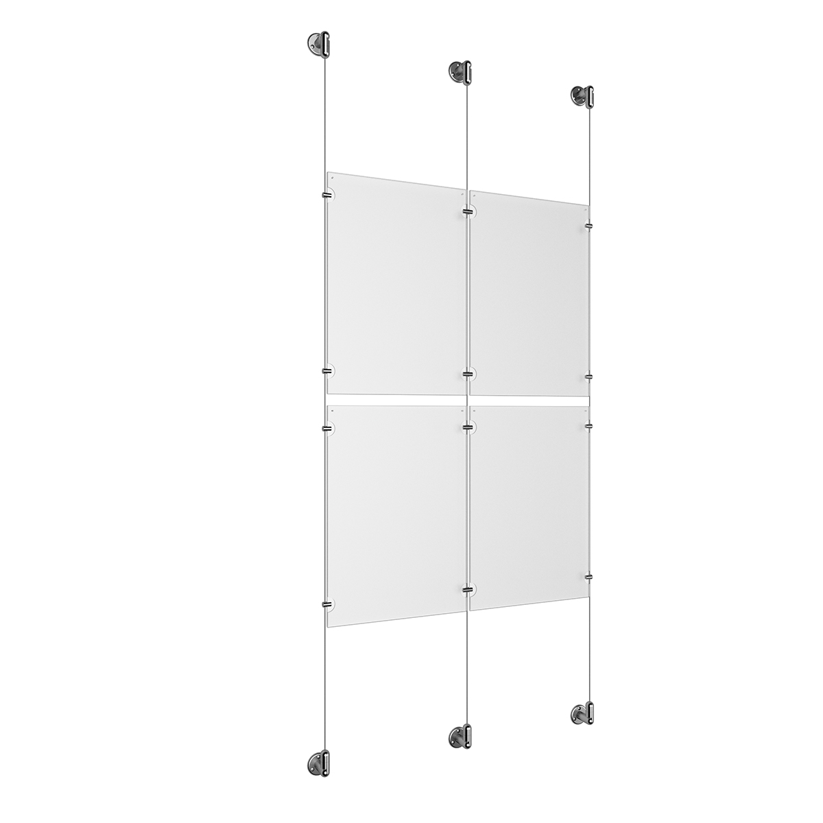 (4) 11'' Width x 17'' Height Clear Acrylic Frame & (3) Aluminum Clear Anodized Adjustable Angle Cable Systems with (8) Single-Sided Panel Grippers (4) Double-Sided Panel Grippers