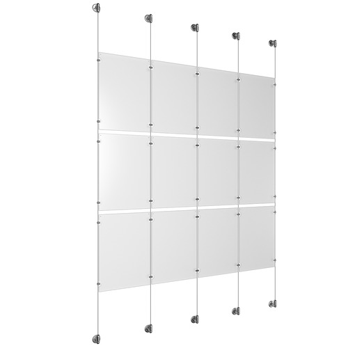 (12) 11'' Width x 17'' Height Clear Acrylic Frame & (5) Aluminum Clear Anodized Adjustable Angle Cable Systems with (12) Single-Sided Panel Grippers (18) Double-Sided Panel Grippers
