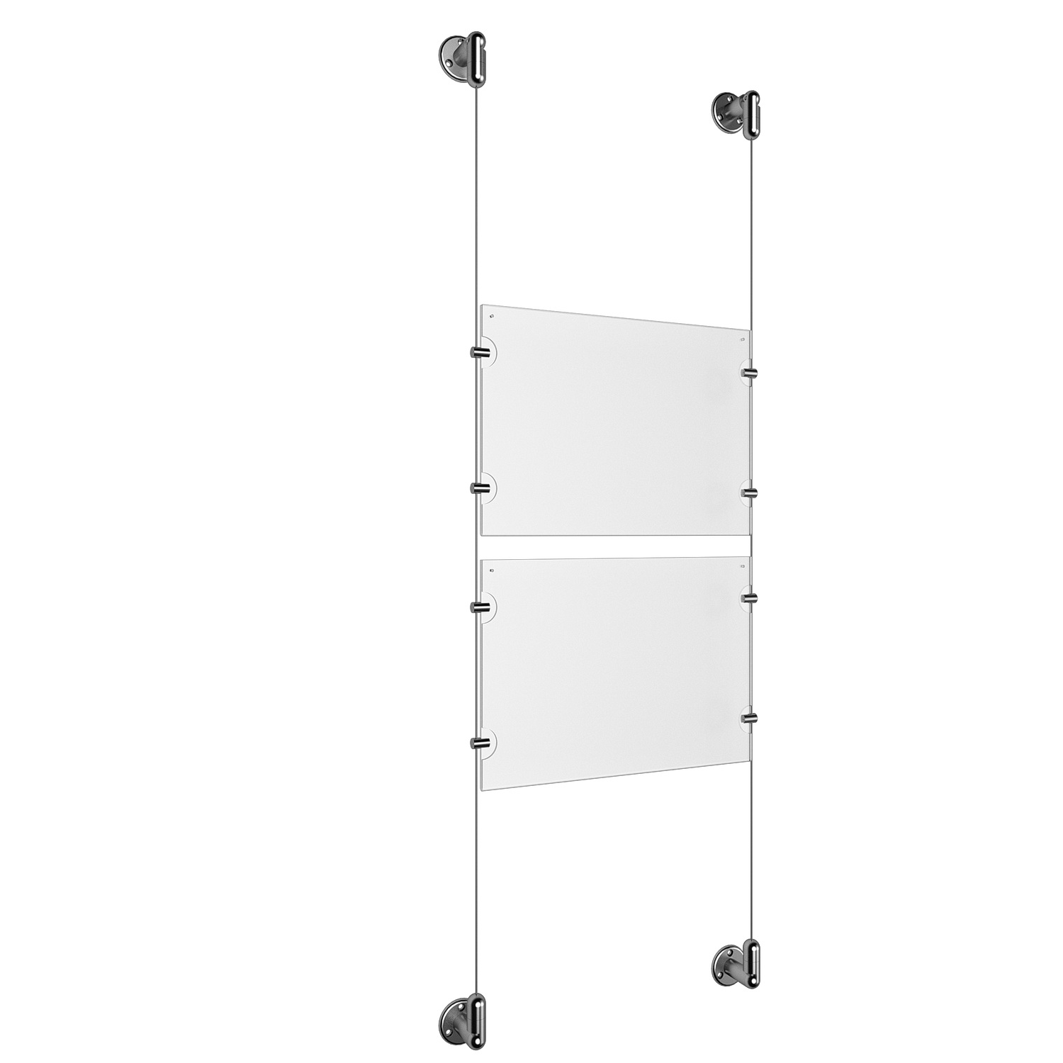 (2) 11'' Width x 8-1/2'' Height Clear Acrylic Frame & (2) Aluminum Clear Anodized Adjustable Angle Cable Systems with (8) Single-Sided Panel Grippers