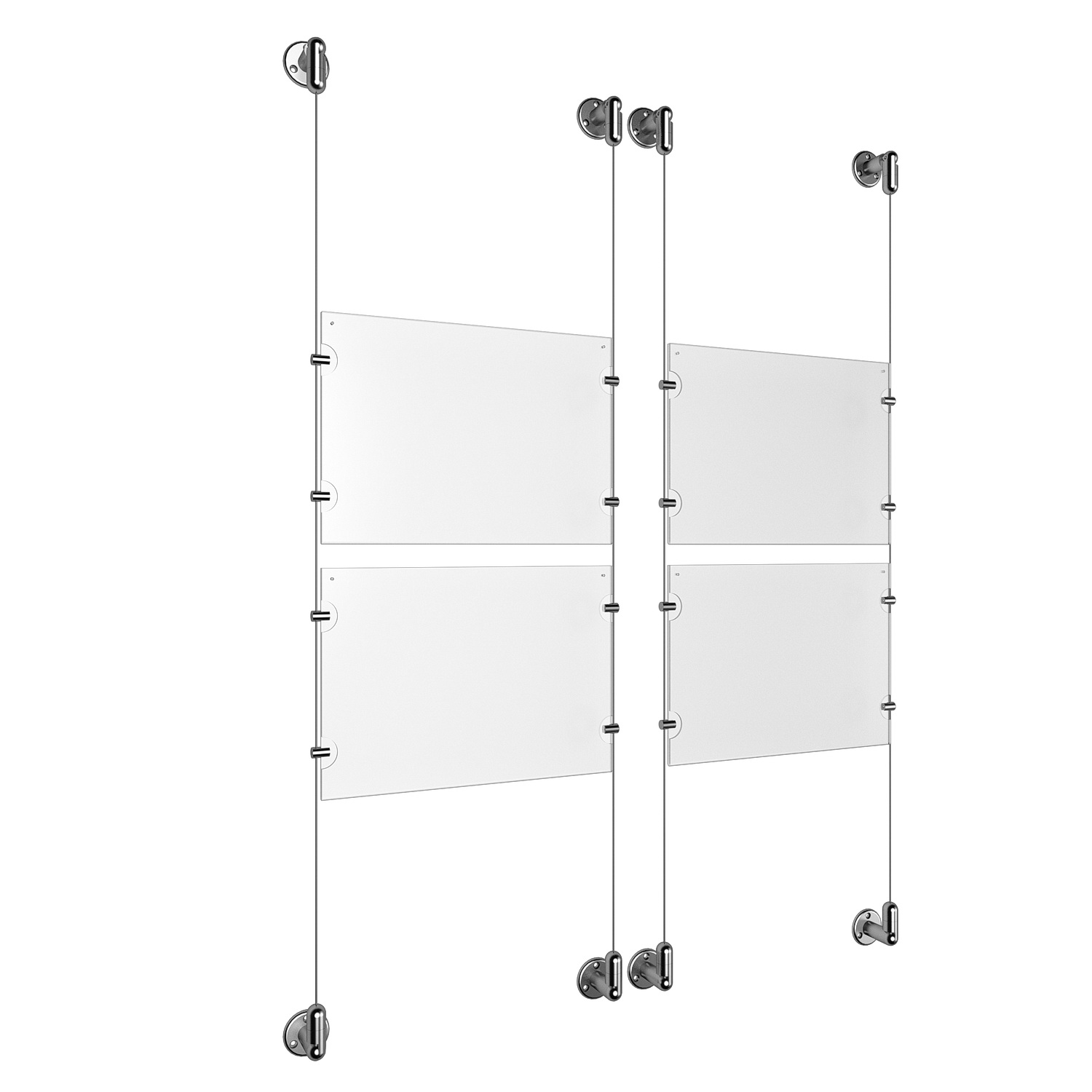 (4) 11'' Width x 8-1/2'' Height Clear Acrylic Frame & (4) Aluminum Clear Anodized Adjustable Angle Cable Systems with (16) Single-Sided Panel Grippers