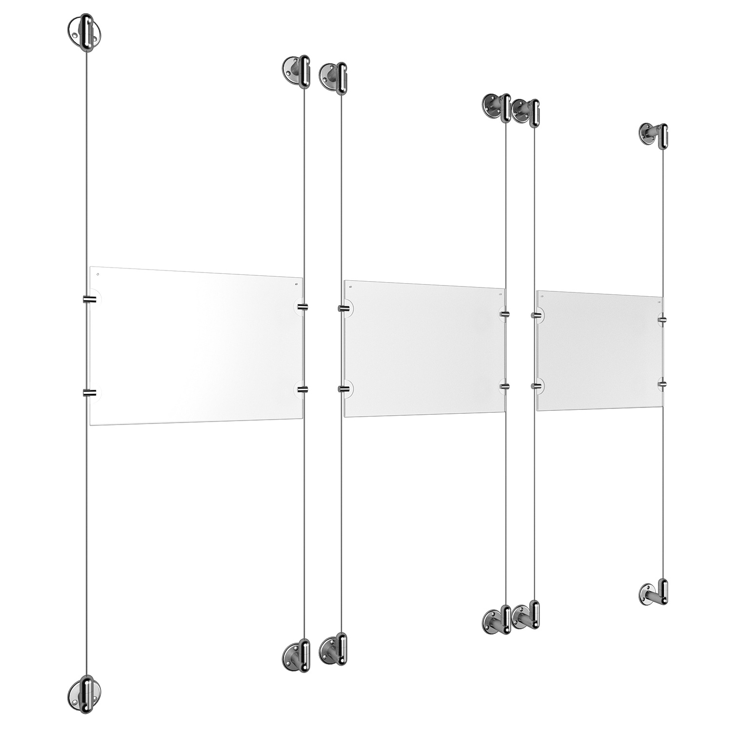 (3) 11'' Width x 8-1/2'' Height Clear Acrylic Frame & (6) Aluminum Clear Anodized Adjustable Angle Cable Systems with (12) Single-Sided Panel Grippers