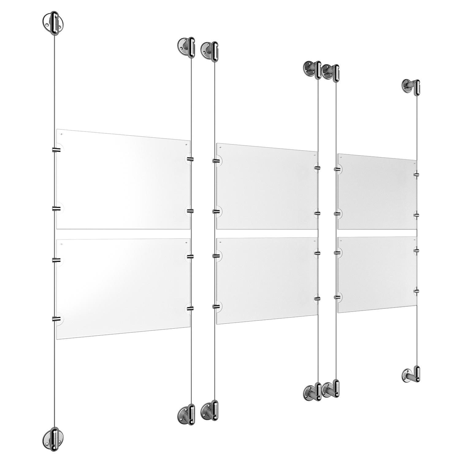 (6) 11'' Width x 8-1/2'' Height Clear Acrylic Frame & (6) Aluminum Clear Anodized Adjustable Angle Cable Systems with (24) Single-Sided Panel Grippers