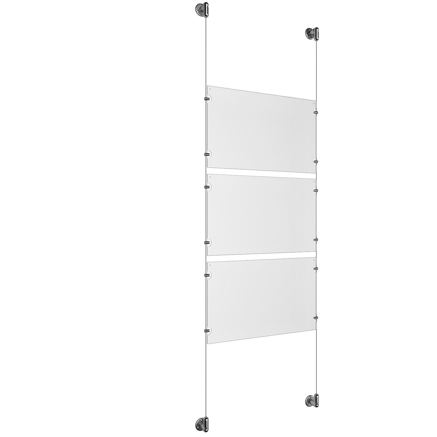 (3) 17'' Width x 11'' Height Clear Acrylic Frame & (2) Aluminum Clear Anodized Adjustable Angle Cable Systems with (12) Single-Sided Panel Grippers