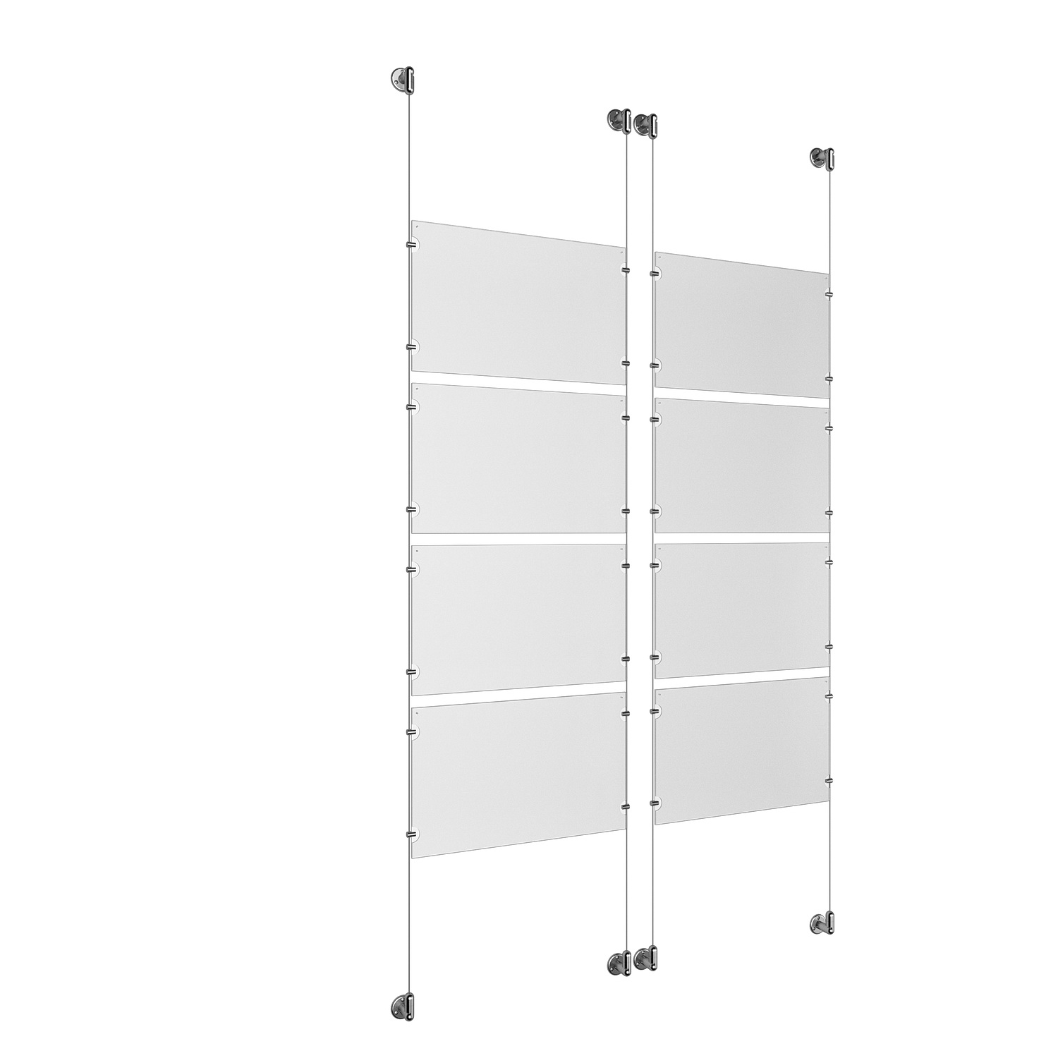 (8) 17'' Width x 11'' Height Clear Acrylic Frame & (4) Aluminum Clear Anodized Adjustable Angle Cable Systems with (32) Single-Sided Panel Grippers