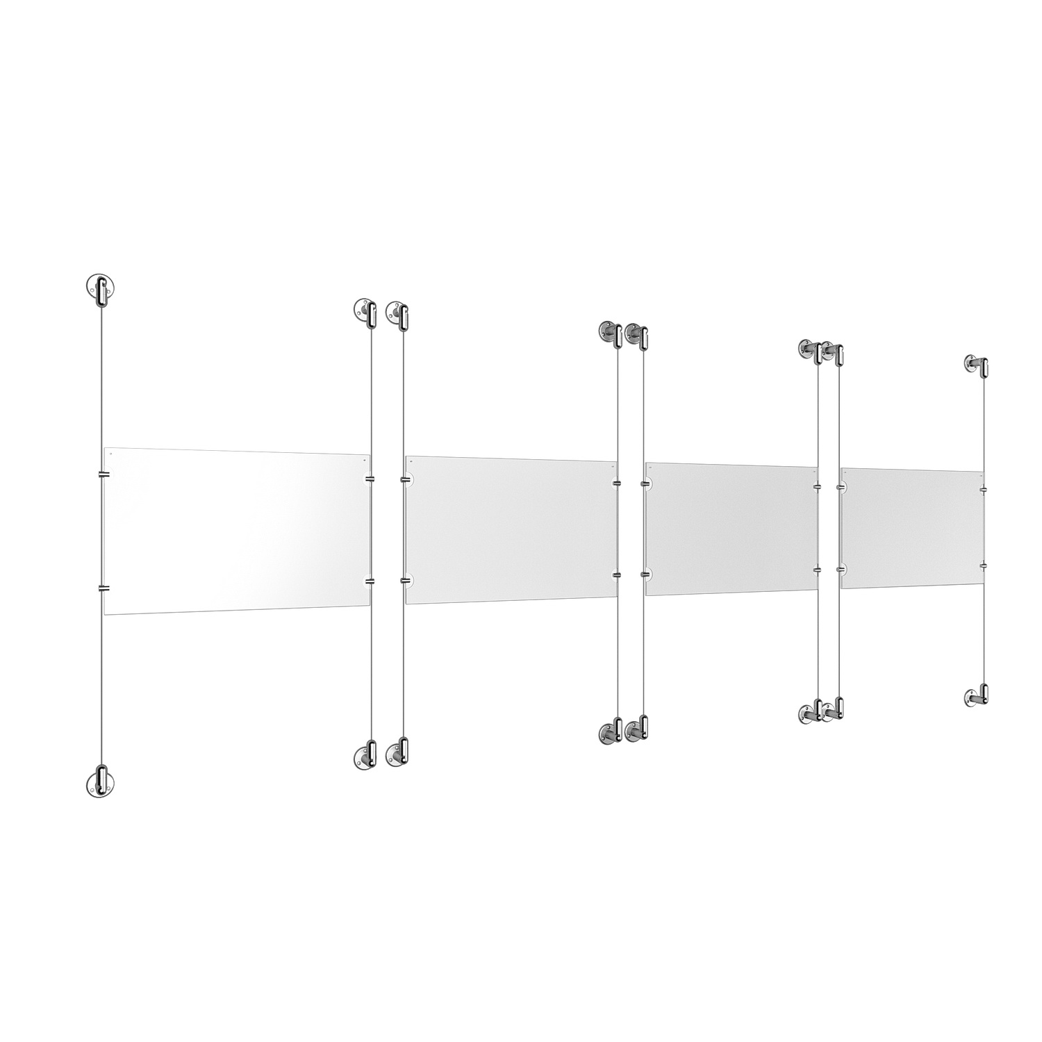 (4) 17'' Width x 11'' Height Clear Acrylic Frame & (8) Aluminum Clear Anodized Adjustable Angle Cable Systems with (16) Single-Sided Panel Grippers