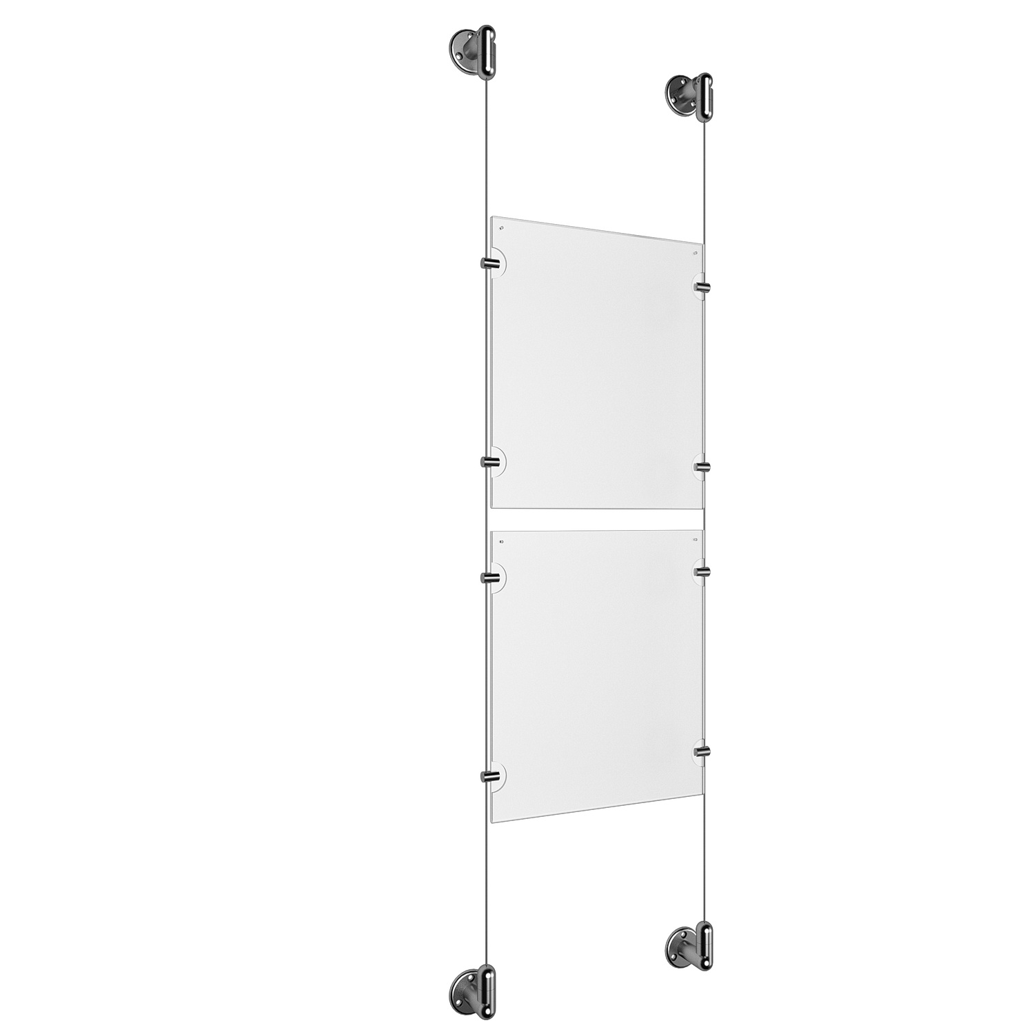 (2) 8-1/2'' Width x 11'' Height Clear Acrylic Frame & (2) Aluminum Clear Anodized Adjustable Angle Cable Systems with (8) Single-Sided Panel Grippers