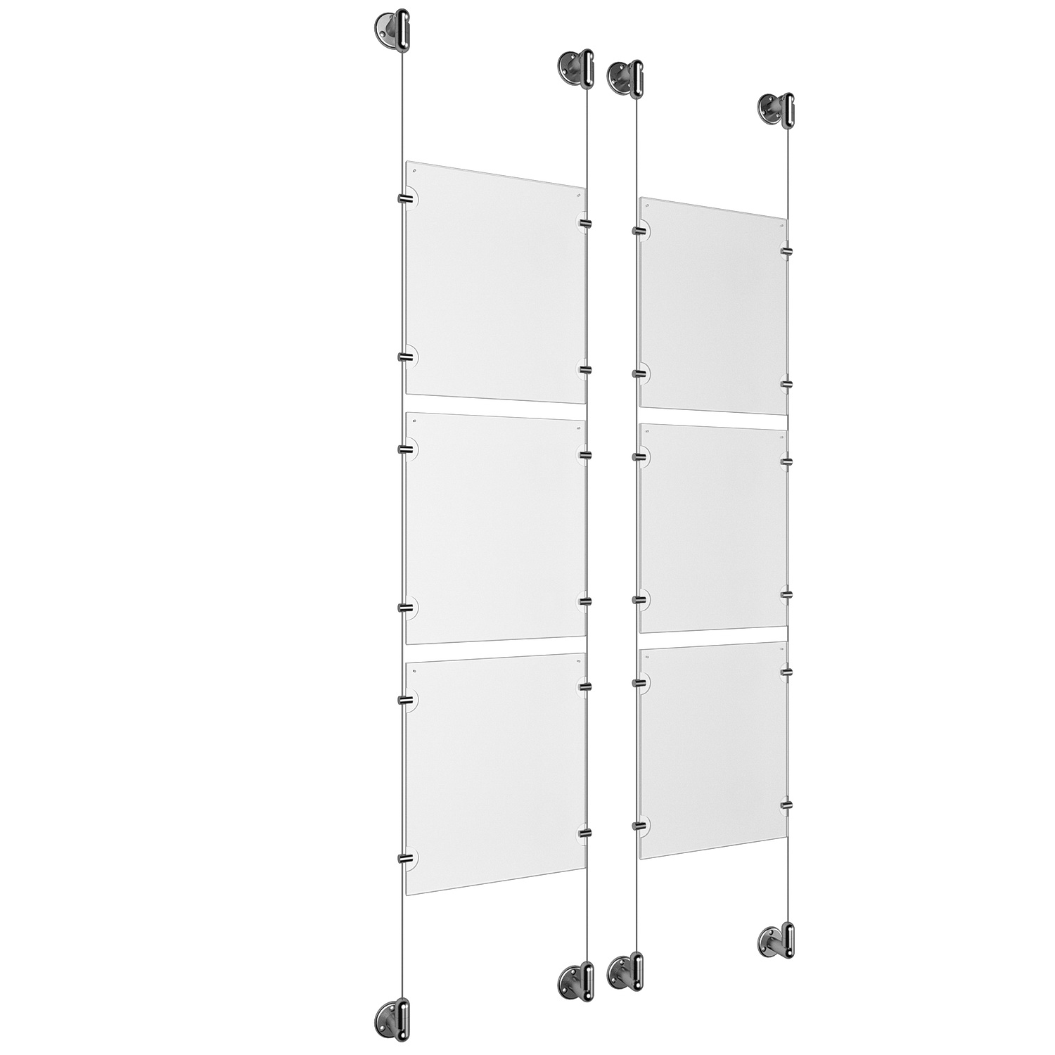 (6) 8-1/2'' Width x 11'' Height Clear Acrylic Frame & (4) Aluminum Clear Anodized Adjustable Angle Cable Systems with (24) Single-Sided Panel Grippers