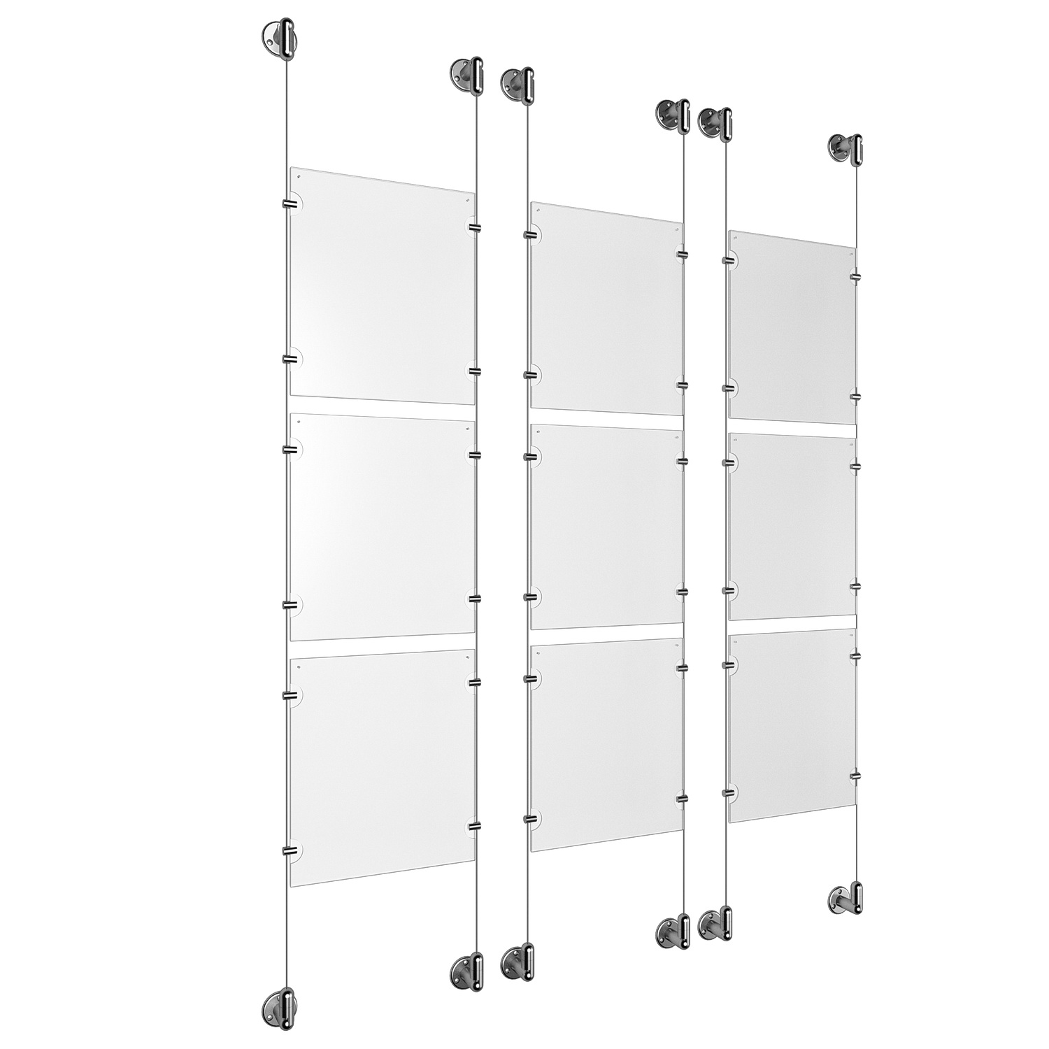 (9) 8-1/2'' Width x 11'' Height Clear Acrylic Frame & (6) Aluminum Clear Anodized Adjustable Angle Cable Systems with (36) Single-Sided Panel Grippers