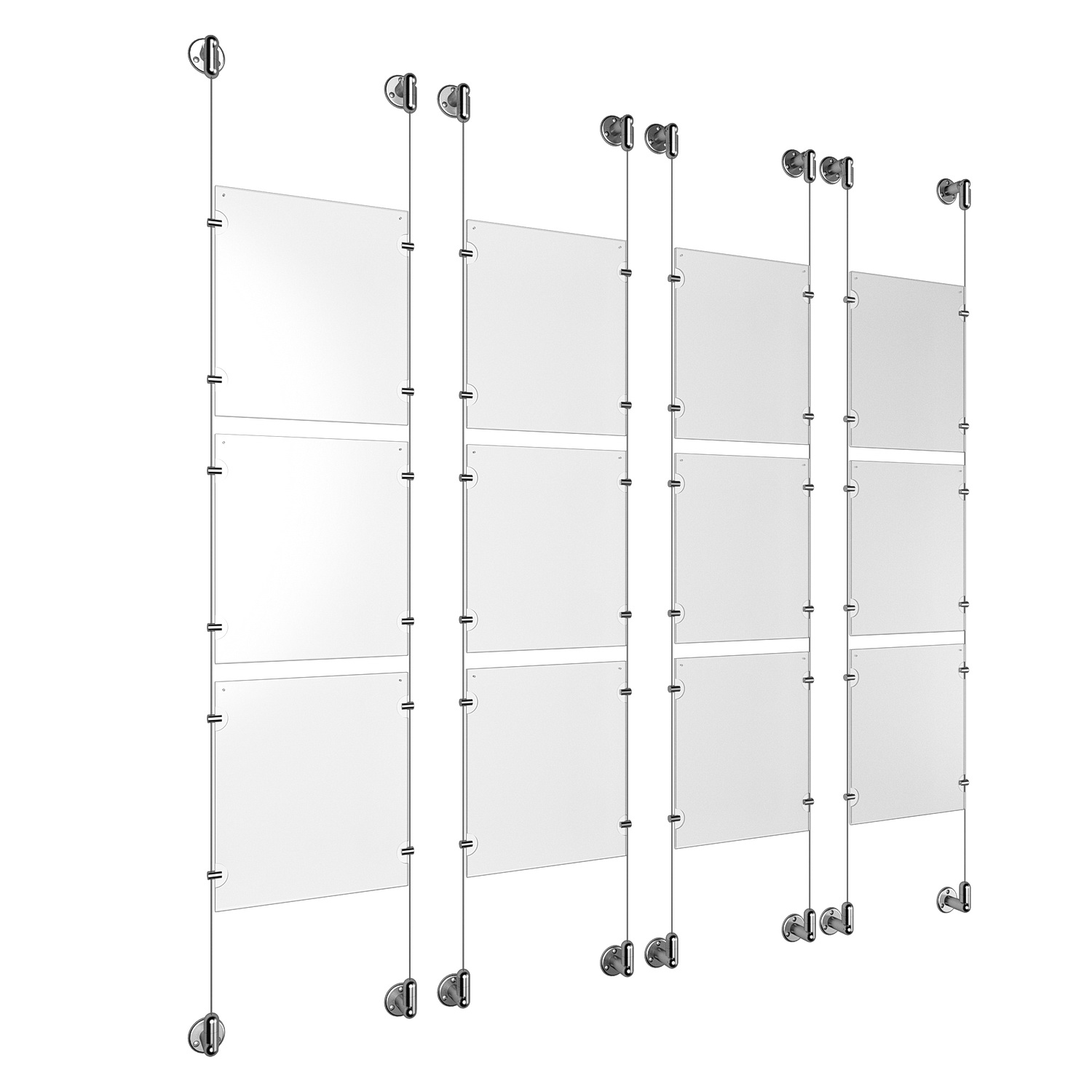 (12) 8-1/2'' Width x 11'' Height Clear Acrylic Frame & (8) Aluminum Clear Anodized Adjustable Angle Cable Systems with (48) Single-Sided Panel Grippers