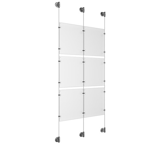 (6) 8-1/2'' Width x 11'' Height Clear Acrylic Frame & (3) Aluminum Clear Anodized Adjustable Angle Cable Systems with (12) Single-Sided Panel Grippers (6) Double-Sided Panel Grippers