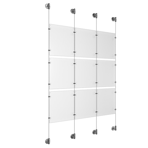 (9) 8-1/2'' Width x 11'' Height Clear Acrylic Frame & (4) Aluminum Clear Anodized Adjustable Angle Cable Systems with (12) Single-Sided Panel Grippers (12) Double-Sided Panel Grippers