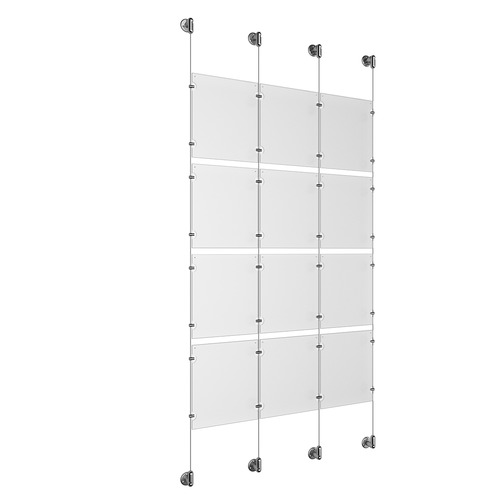 (12) 8-1/2'' Width x 11'' Height Clear Acrylic Frame & (4) Aluminum Clear Anodized Adjustable Angle Cable Systems with (16) Single-Sided Panel Grippers (16) Double-Sided Panel Grippers