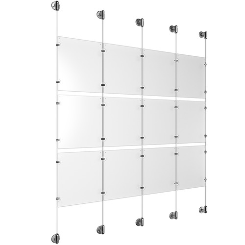 (12) 8-1/2'' Width x 11'' Height Clear Acrylic Frame & (5) Aluminum Clear Anodized Adjustable Angle Cable Systems with (12) Single-Sided Panel Grippers (18) Double-Sided Panel Grippers