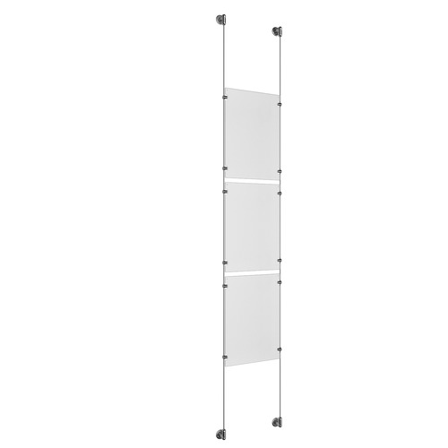 (3) 11'' Width x 17'' Height Clear Acrylic Frame & (2) Stainless Steel Satin Brushed Adjustable Angle Cable Systems with (12) Single-Sided Panel Grippers
