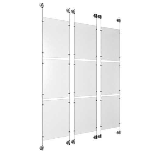 (9) 11'' Width x 17'' Height Clear Acrylic Frame & (6) Stainless Steel Satin Brushed Adjustable Angle Cable Systems with (36) Single-Sided Panel Grippers