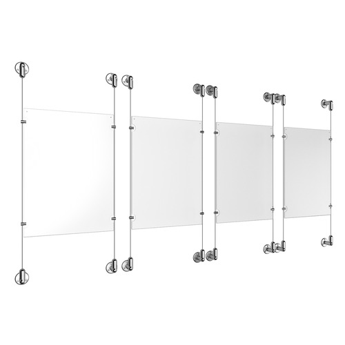 (4) 11'' Width x 17'' Height Clear Acrylic Frame & (8) Stainless Steel Satin Brushed Adjustable Angle Cable Systems with (16) Single-Sided Panel Grippers