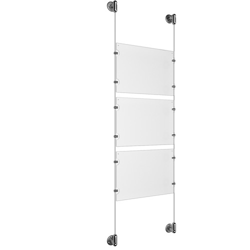 (3) 11'' Width x 8-1/2'' Height Clear Acrylic Frame & (2) Stainless Steel Satin Brushed Adjustable Angle Cable Systems with (12) Single-Sided Panel Grippers