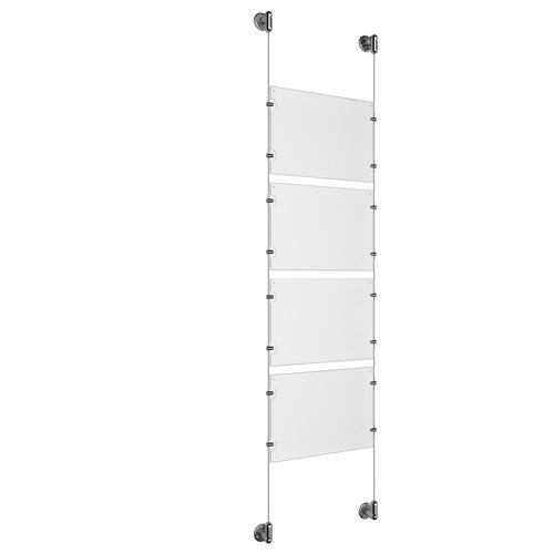 (4) 11'' Width x 8-1/2'' Height Clear Acrylic Frame & (2) Stainless Steel Satin Brushed Adjustable Angle Cable Systems with (16) Single-Sided Panel Grippers