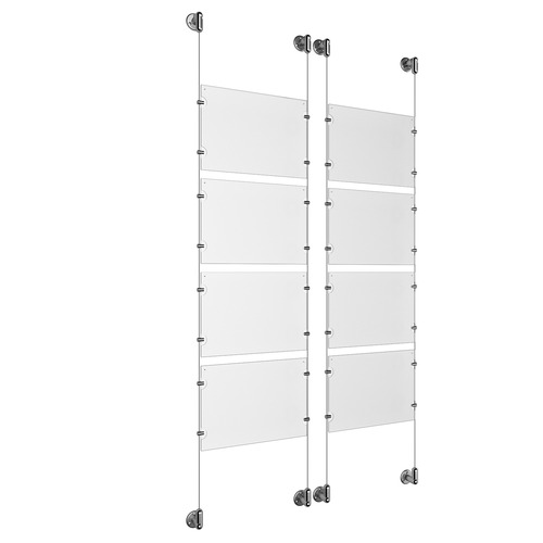 (8) 11'' Width x 8-1/2'' Height Clear Acrylic Frame & (4) Stainless Steel Satin Brushed Adjustable Angle Cable Systems with (32) Single-Sided Panel Grippers