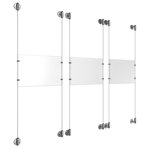 (3) 11'' Width x 8-1/2'' Height Clear Acrylic Frame & (6) Stainless Steel Satin Brushed Adjustable Angle Cable Systems with (12) Single-Sided Panel Grippers