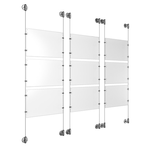 (9) 11'' Width x 8-1/2'' Height Clear Acrylic Frame & (6) Stainless Steel Satin Brushed Adjustable Angle Cable Systems with (36) Single-Sided Panel Grippers