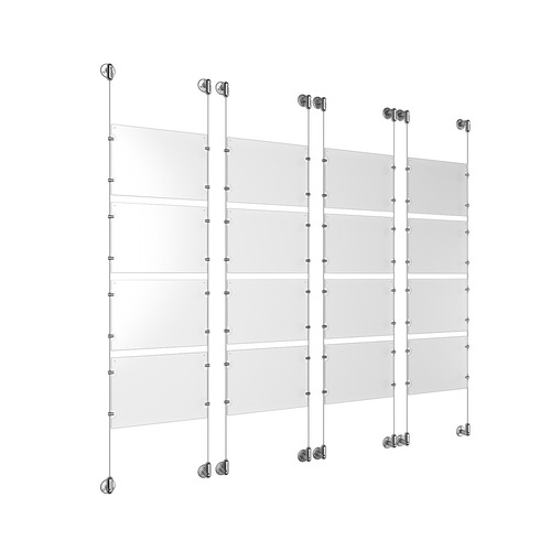 (16) 11'' Width x 8-1/2'' Height Clear Acrylic Frame & (8) Stainless Steel Satin Brushed Adjustable Angle Cable Systems with (64) Single-Sided Panel Grippers