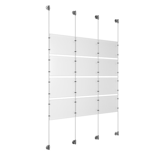(12) 11'' Width x 8-1/2'' Height Clear Acrylic Frame & (4) Stainless Steel Satin Brushed Adjustable Angle Cable Systems with (16) Single-Sided Panel Grippers (16) Double-Sided Panel Grippers