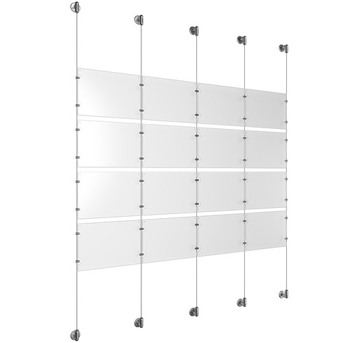 (16) 11'' Width x 8-1/2'' Height Clear Acrylic Frame & (5) Stainless Steel Satin Brushed Adjustable Angle Cable Systems with (16) Single-Sided Panel Grippers (24) Double-Sided Panel Grippers